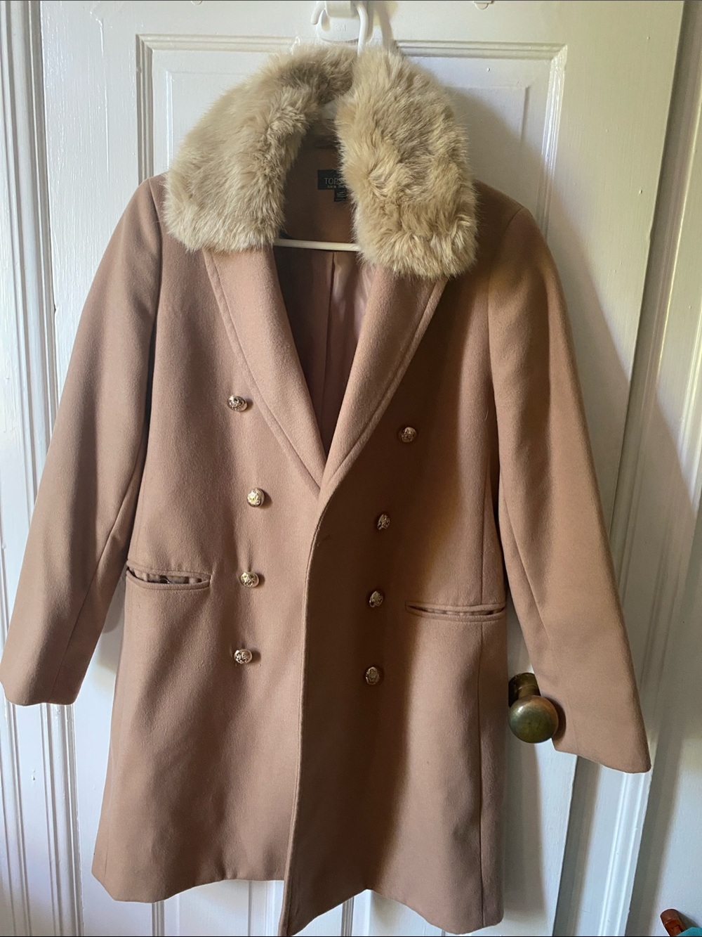 Topshop Camel Double-Breasted Pea Coat with Faux Fur Collar